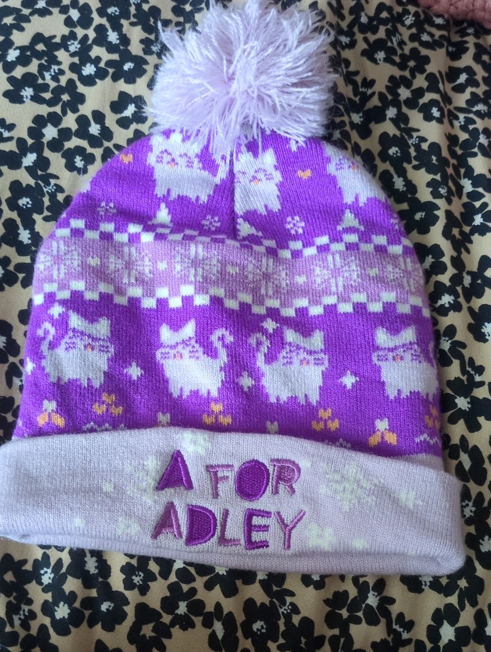 Kids Pom Pom Beanie Hat - Purple "A for Adley"